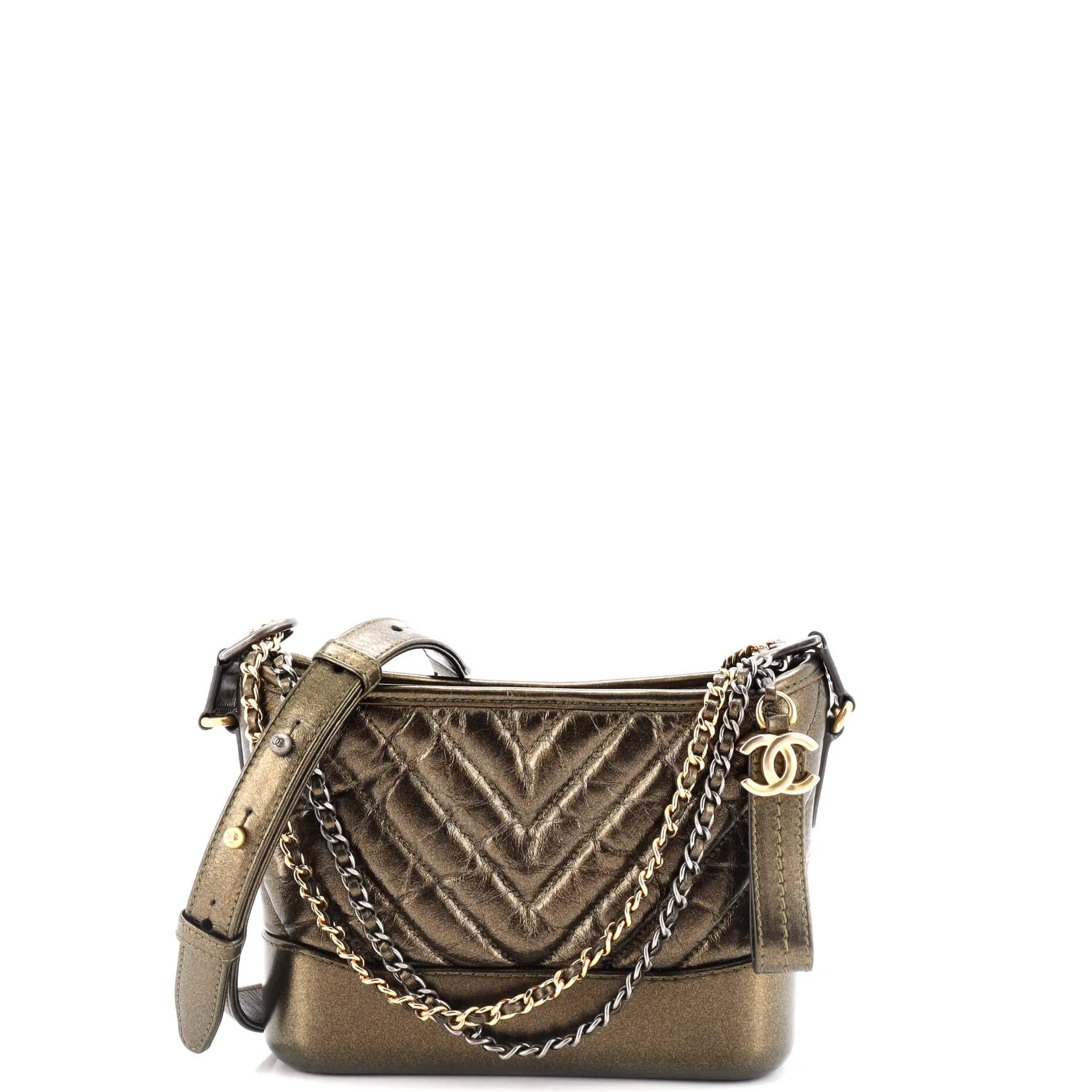 Pre-Loved Chanel Gabrielle Hobo Chevron Metallic Aged Calfskin Small sold by Zulily