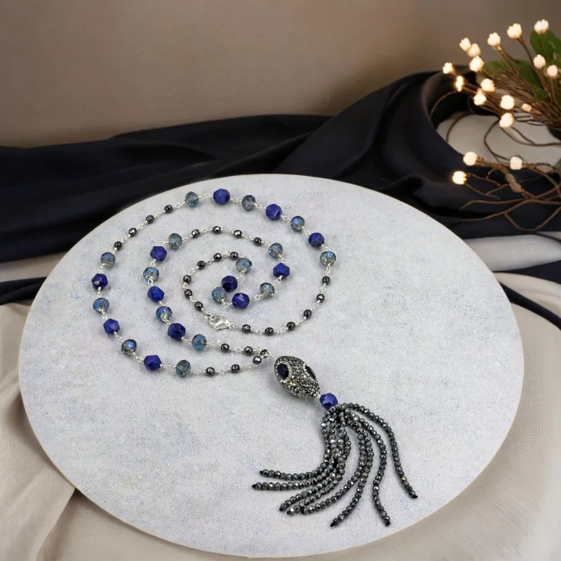 MGR Women's MGR Women's Lapis Lazuli, Hematite & Crystal Wire-Wrapped Necklace with Druzy Pavé Lapis Tassel Pendant & Matching Earrings – Jewelry Set sold by Zulily