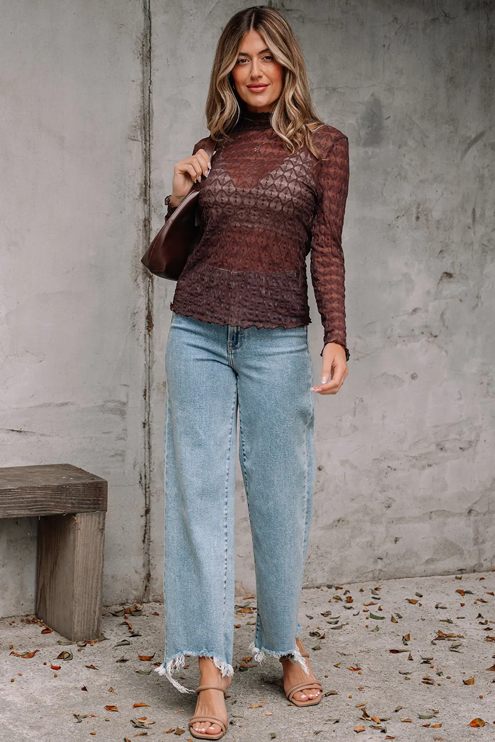Ruth Sheer Mesh Patterned Lettuce Trim Top by Threaded Pear sold by Zulily product image thumbnail 5