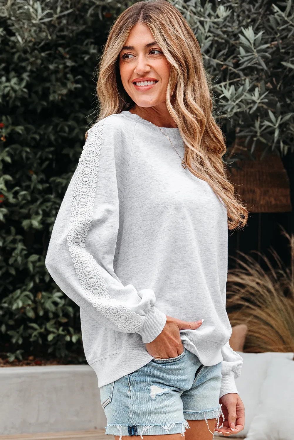 Peyton Lace Patchwork Raglan Sleeve Crew Neck Sweatshirt by Threaded Pear sold by Zulily product image thumbnail 3