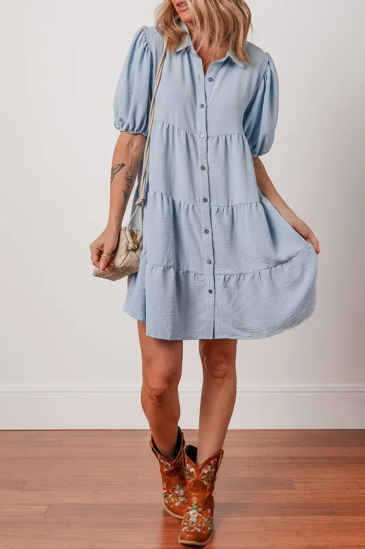 Arya Shirt Collar Button Up Puff Sleeve Tiered Dress by Threaded Pear sold by Zulily