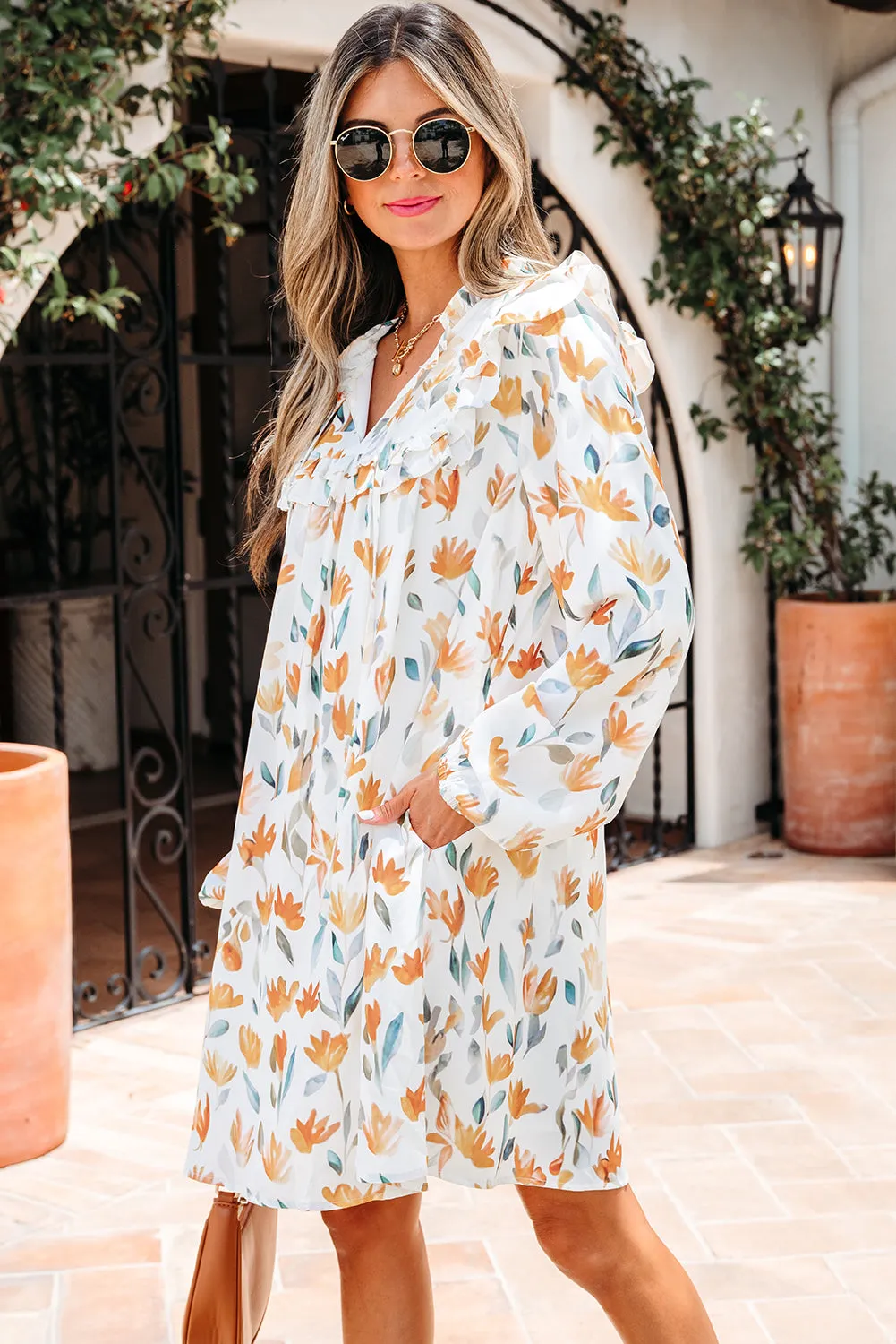 Katherine Floral Tie Neck Frilled Long Sleeve Dress by Threaded Pear sold by Zulily product image thumbnail 3