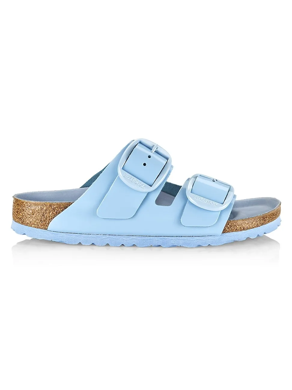 Birkenstock Arizona Big Buckle Natural Leather Patent High Shine Dusty Blue sold by Zulily