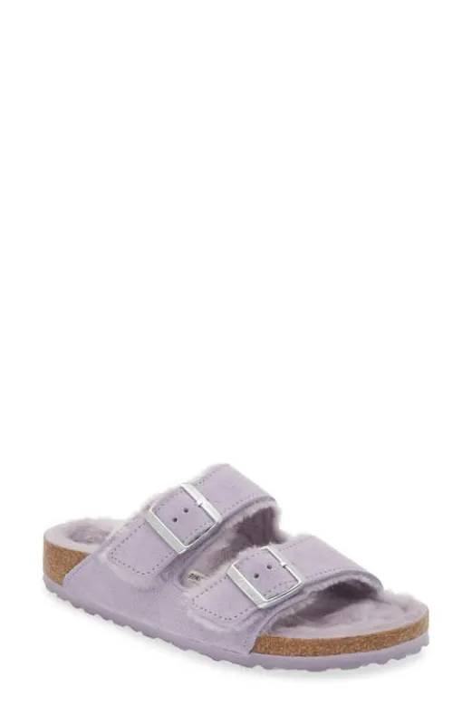 Birkenstock Arizona Shearling Suede Leather Purple Fog sold by Zulily