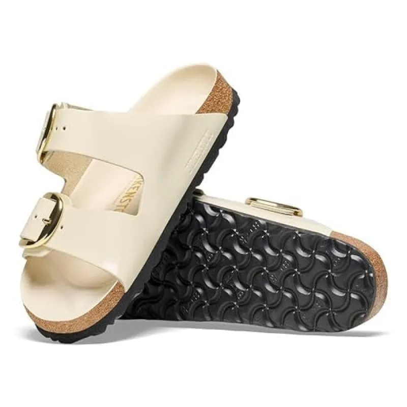 Birkenstock Arizona Big Buckle Natural Leather Patent High Shine Ecru sold by Zulily