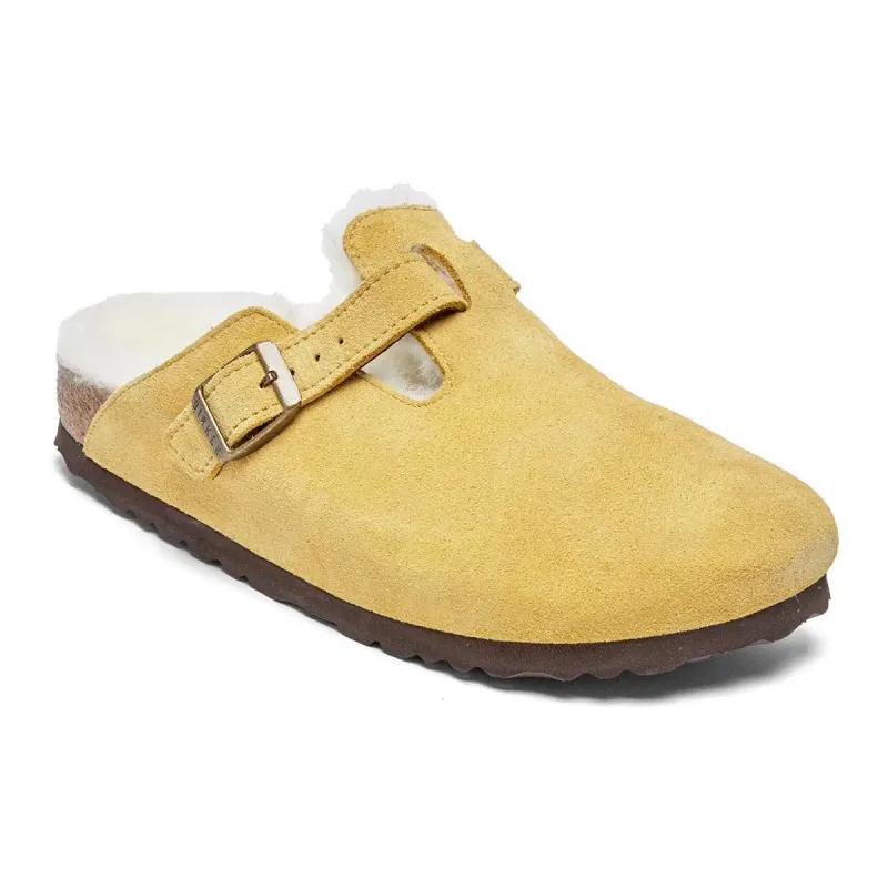 Birkenstock Boston Shearling Suede Leather Ochre-Beige Clogs sold by Zulily