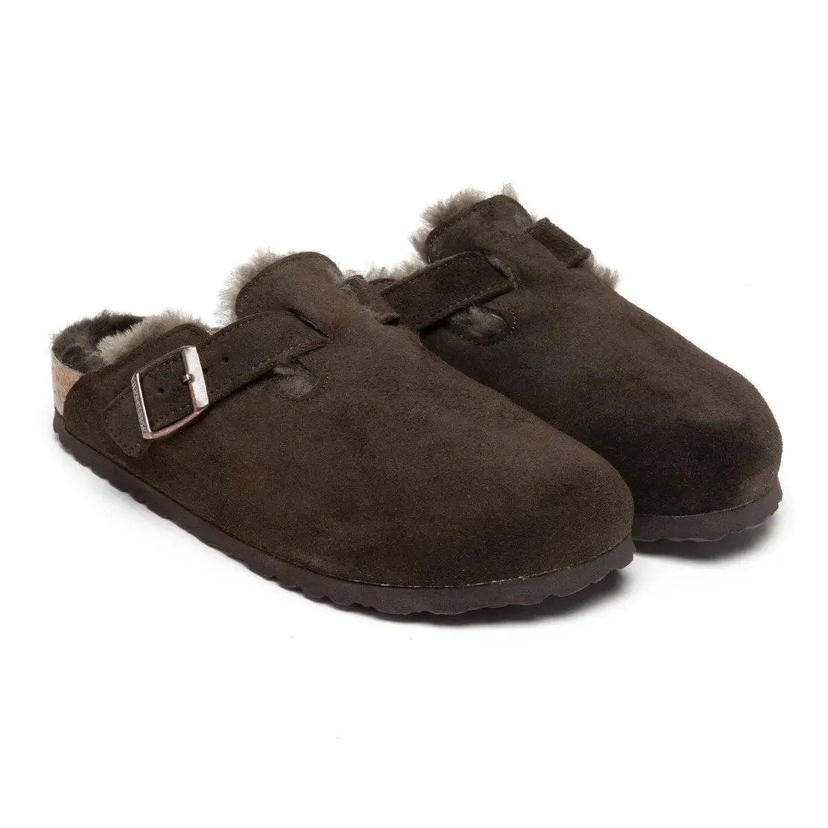 Birkenstock Boston Shearling Suede Leather Mocha Clogs sold by Zulily