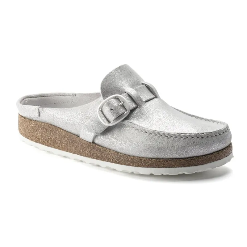 Birkenstock Buckley Natural Leather Silver Clogs sold by Zulily