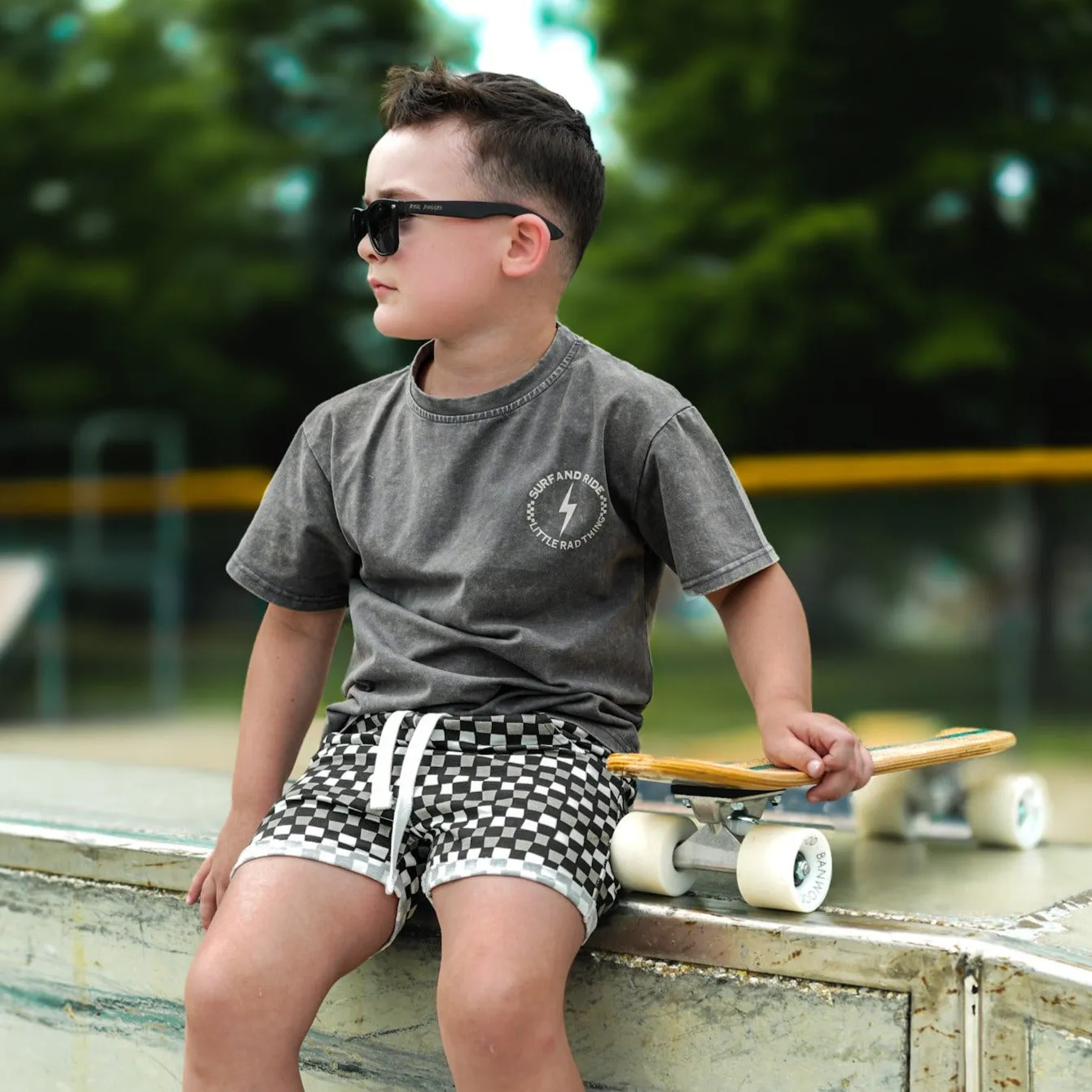 LITTLE RAD THINGS BOY'S CHECK 'YA LATER SHORTS - BLACK/GREY sold by Zulily