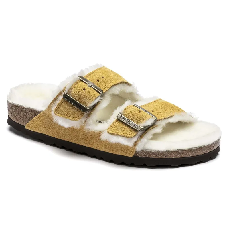 Birkenstock Arizona Shearling Suede Leather Ochre-Beige Sandals sold by Zulily