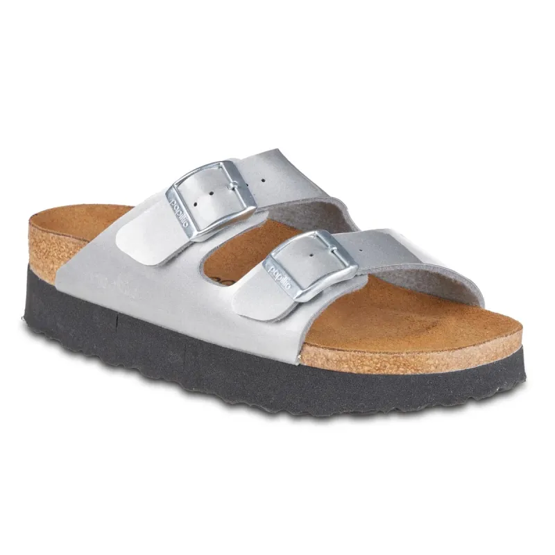 Birkenstock Women's Arizona Platform Birko-Flor Leather Metallic Silver Sandals sold by Zulily
