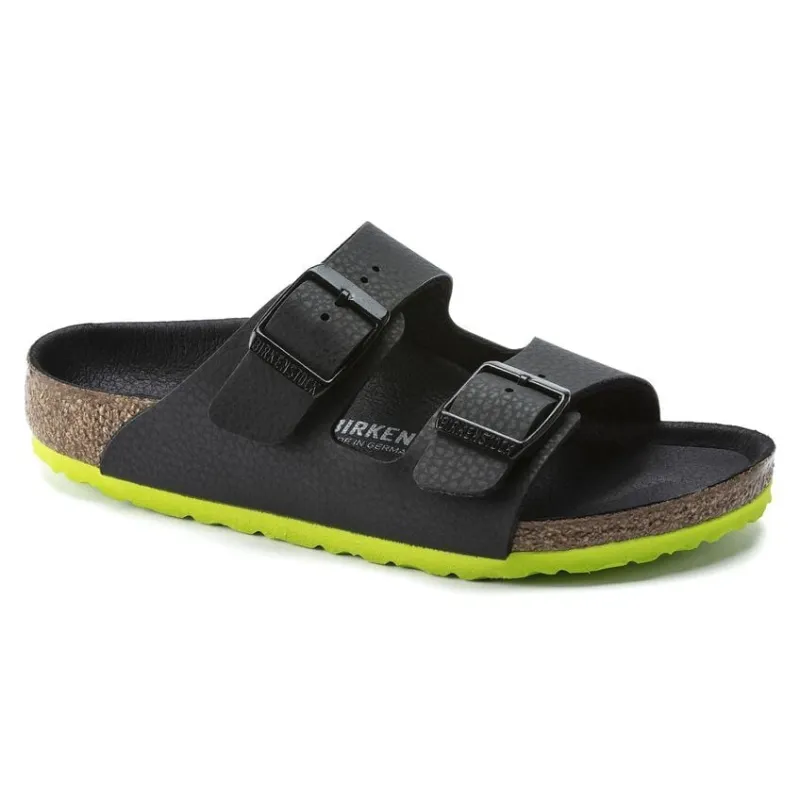 Birkenstock Arizona Birko-Flor Desert Soil Black / Acid Lime Sandals sold by Zulily