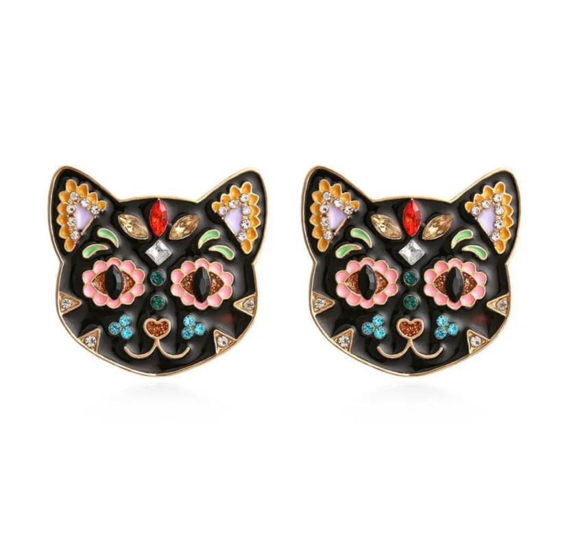 Black Multi Colored Crystal Cat Stud Earrings sold by Zulily