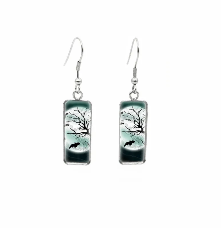 Halloween Themed Rectangular Drop Earrings - Moonlit Flying Bats sold by Zulily