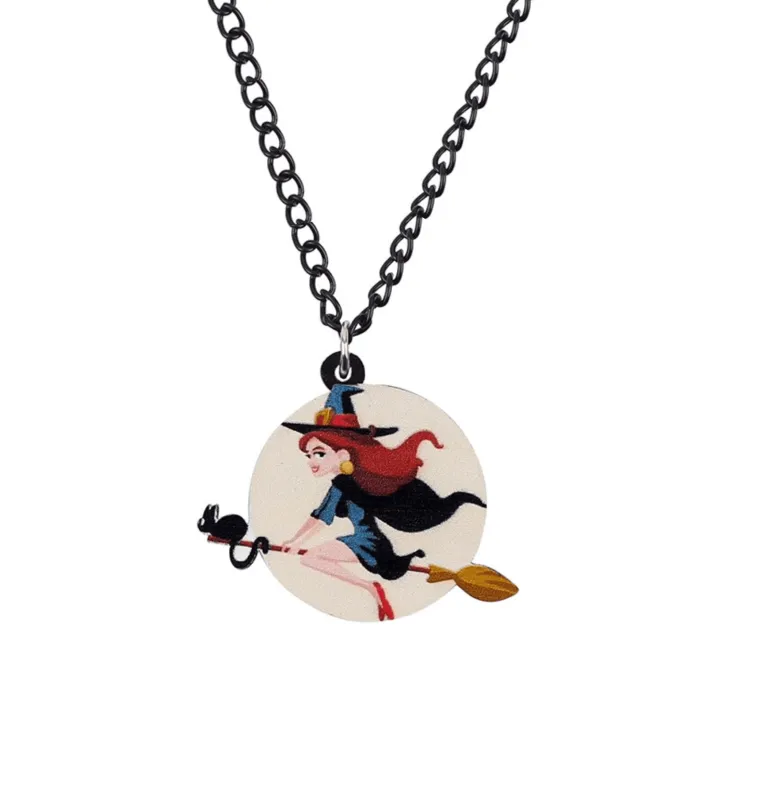Red Head Flying Witch Pendant Necklace sold by Zulily