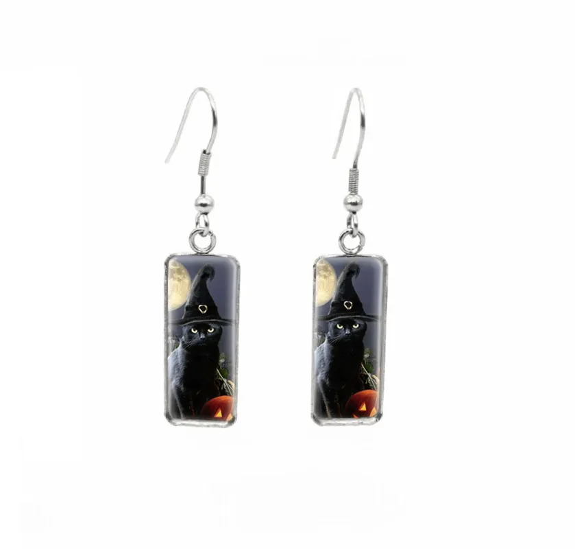 Halloween Themed Rectangular Drop Earrings - Black Cat & Witch Hat sold by Zulily