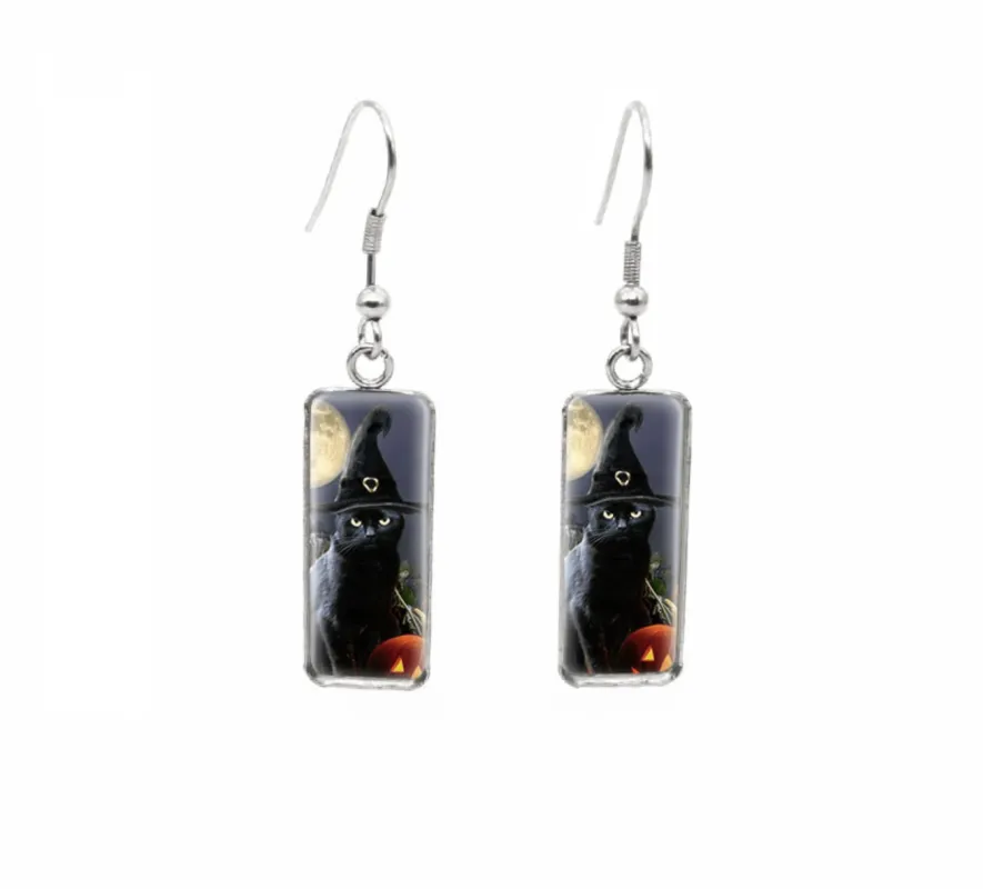 Halloween Themed Rectangular Drop Earrings - Spooky Black Cat sold by Zulily