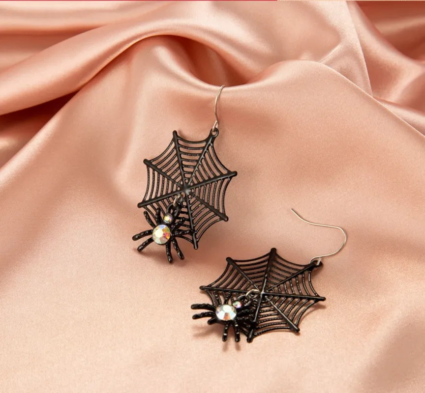 Black Spider Web Crystal Spider Drop Earrings sold by Zulily
