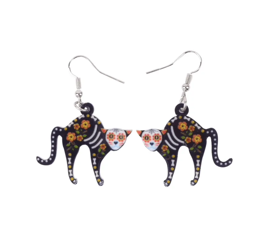 Black Multi Colored Skeleton Cat Drop Earrings sold by Zulily