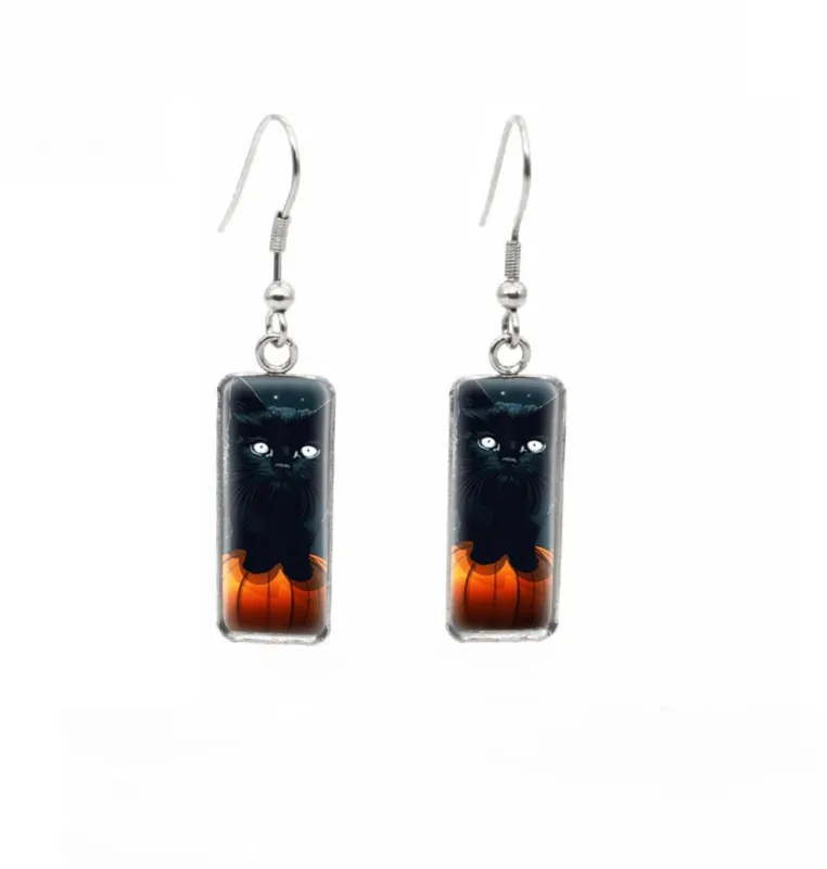 Halloween Themed Rectangular Drop Earrings - Black Cat on Pumpkin sold by Zulily