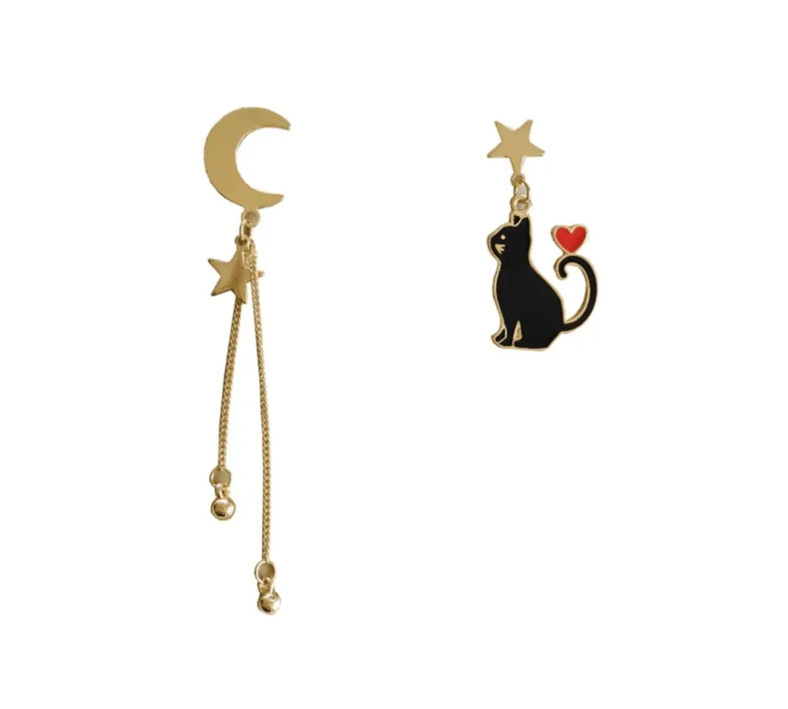 Black Cat Goldtone Celestial Asymmetrical Drop Earrings sold by Zulily