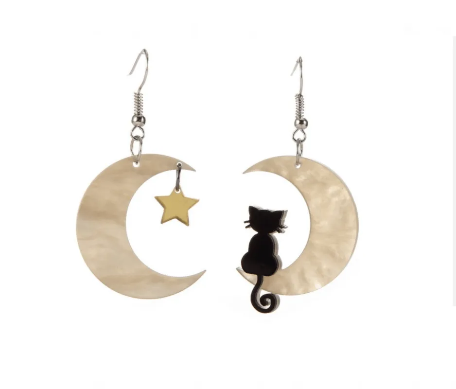 Black Cat Goldtone Crescent Moon Asymmetrical Drop Earrings sold by Zulily