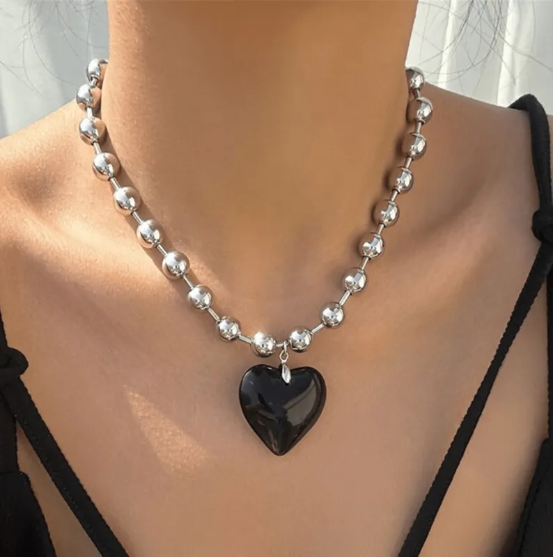Silvertone Ball Chain & Black Crystal Heart Pendant sold by Zulily