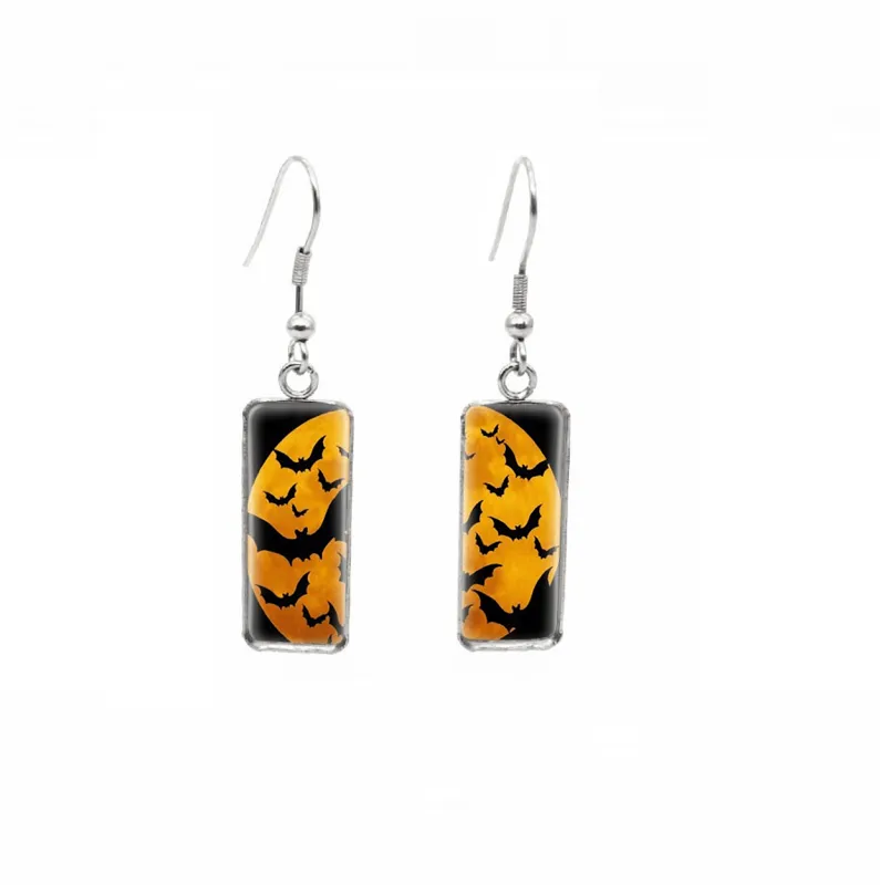 Halloween Themed Rectangular Drop Earrings - Orange Moon & Bats sold by Zulily