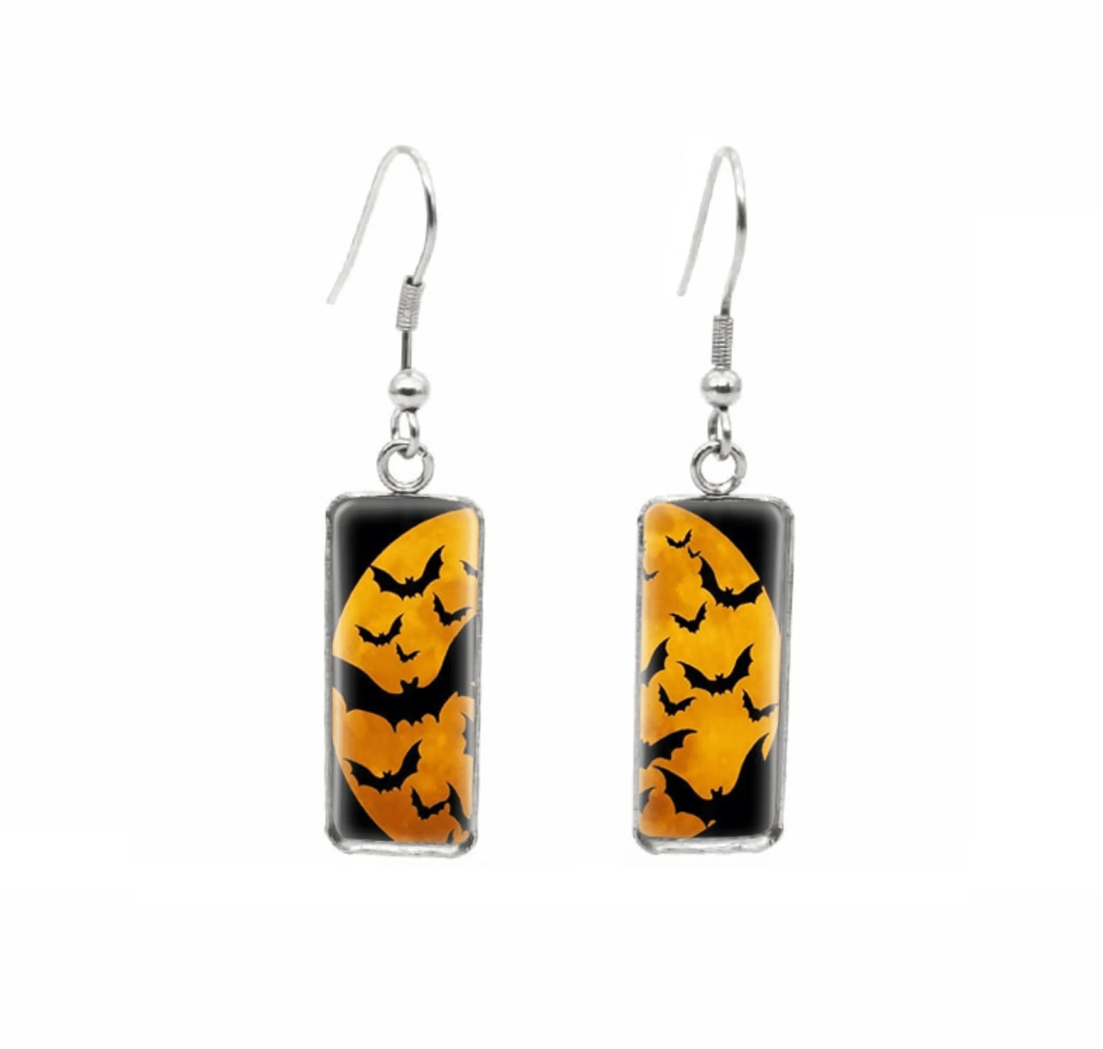 Halloween Themed Rectangular Drop Earrings - Orange & Black Bats sold by Zulily