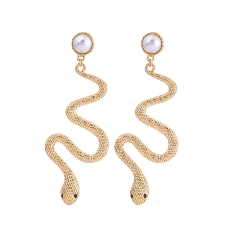 Goldtone Imitation Pearl Snake Drop Earrings sold by Zulily
