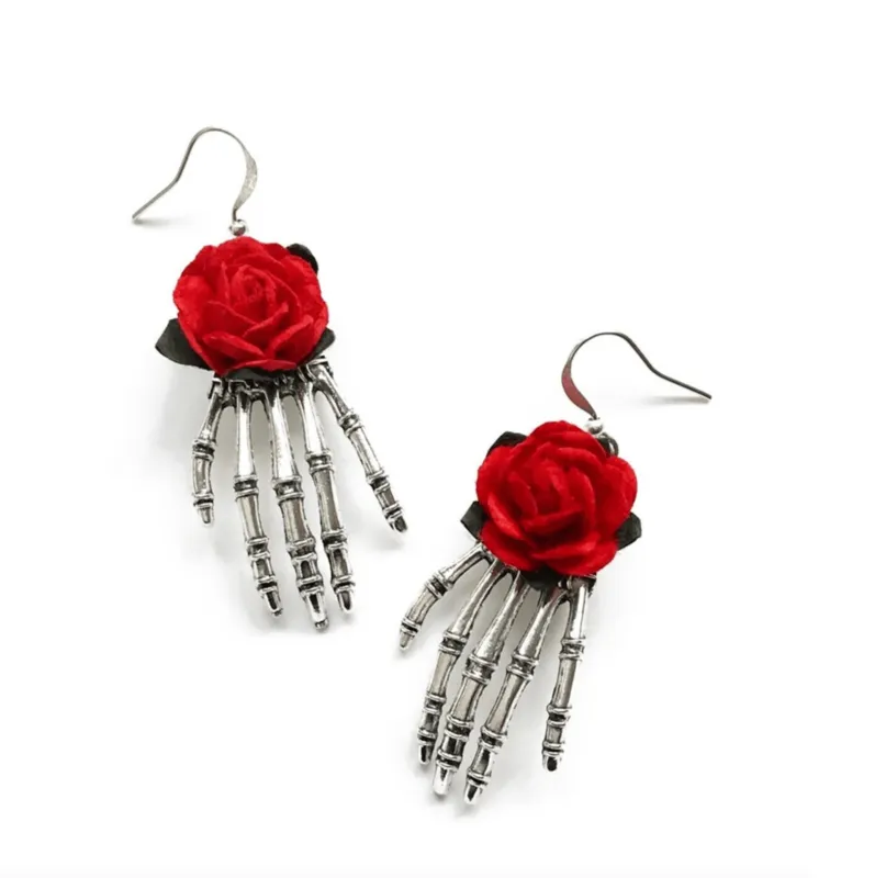 Silvertone Skeleton Hand & Red Rose Earrings sold by Zulily