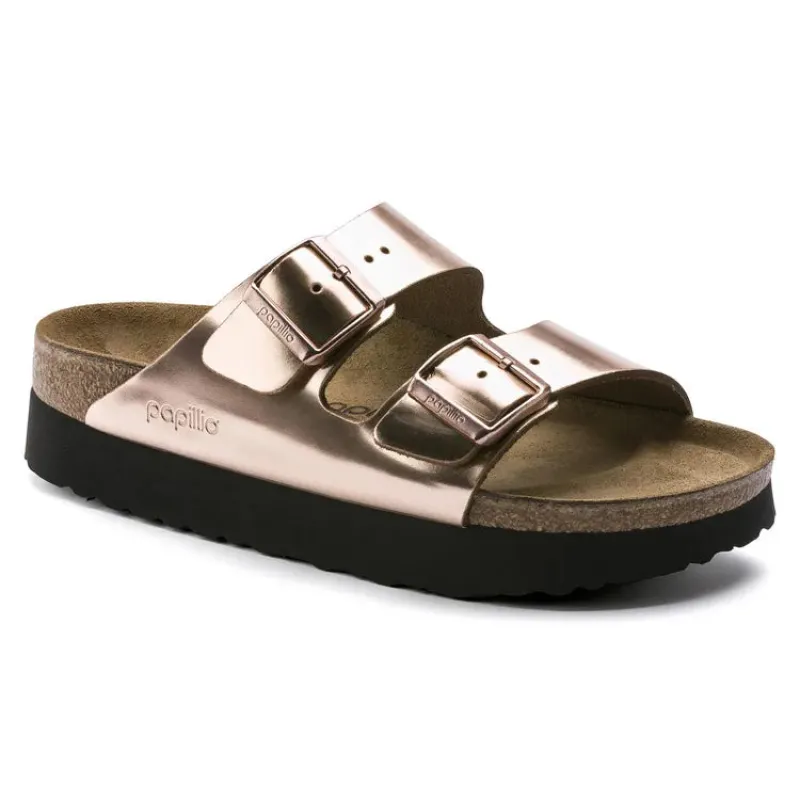 Birkenstock Women's Arizona Platform Leather Metallic Copper Sandals sold by Zulily