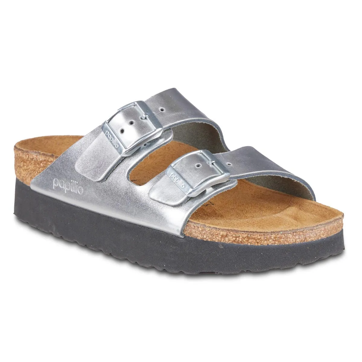 Birkenstock Women's Arizona Platform Natural Leather Metallic Silver Sandals sold by Zulily