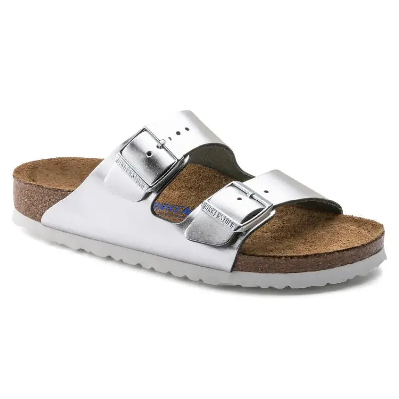 Birkenstock Arizona Soft Footbed Leather Metallic Silver Sandals sold by Zulily