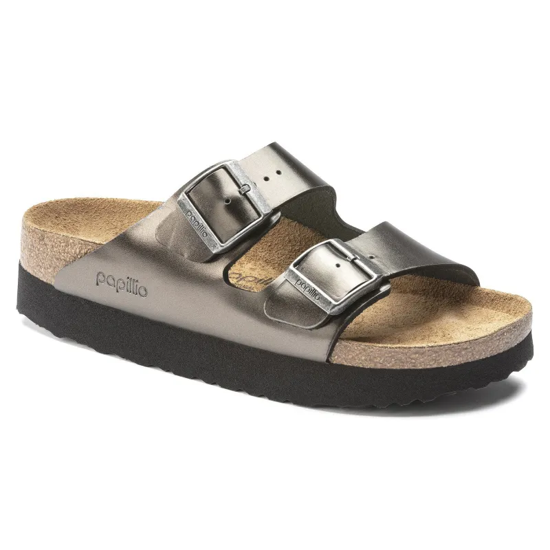 Birkenstock Women's Arizona Platform Leather Metallic Anthracite Sandals sold by Zulily