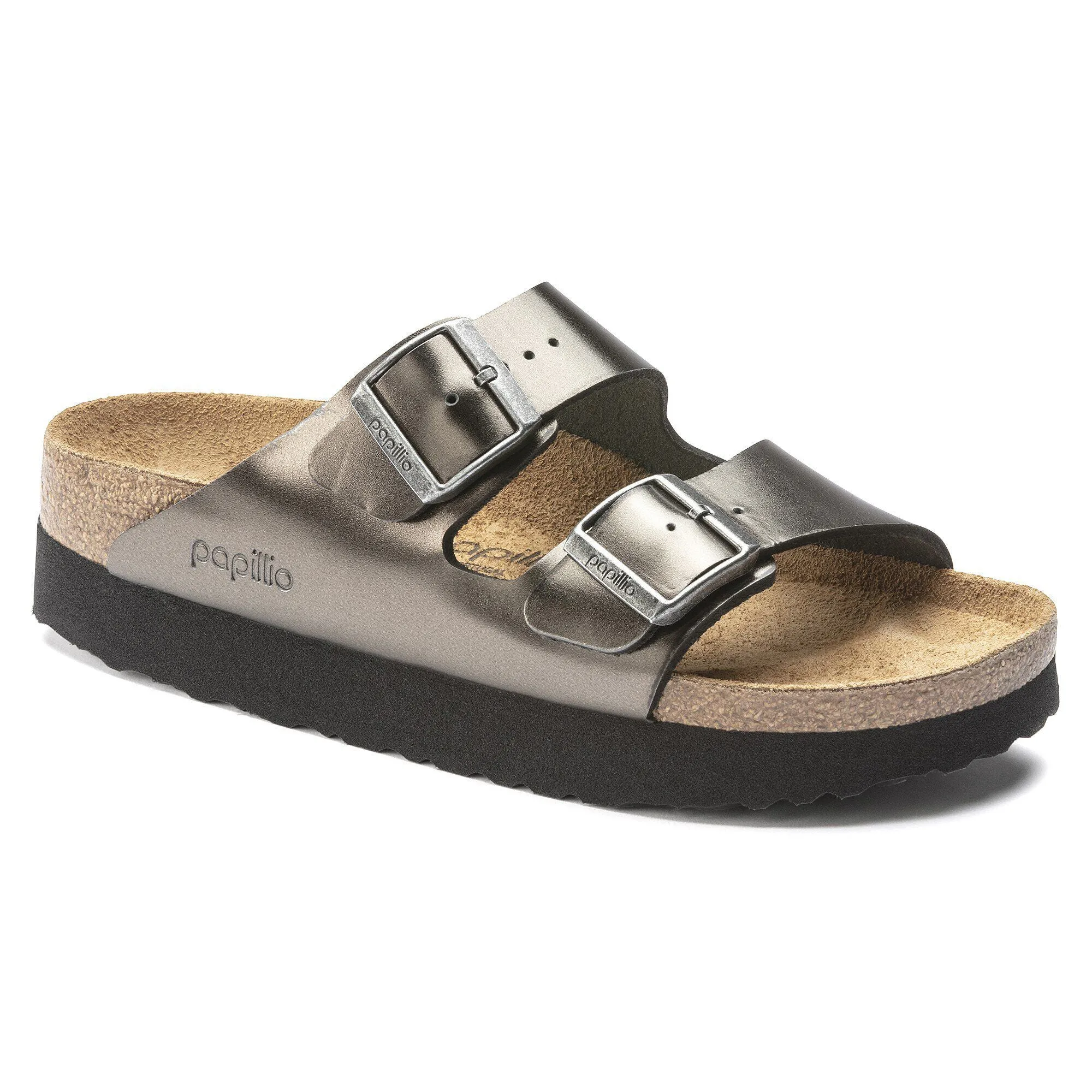 Birkenstock Women's Arizona Platform Leather Metallic Anthracite Sandals sold by Zulily