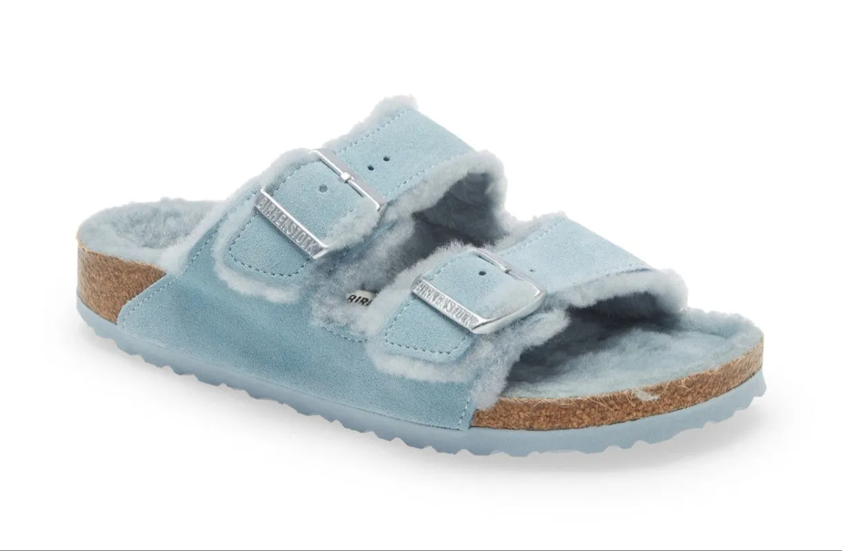 Birkenstock Arizona Shearling Suede Leather Light Blue sold by Zulily