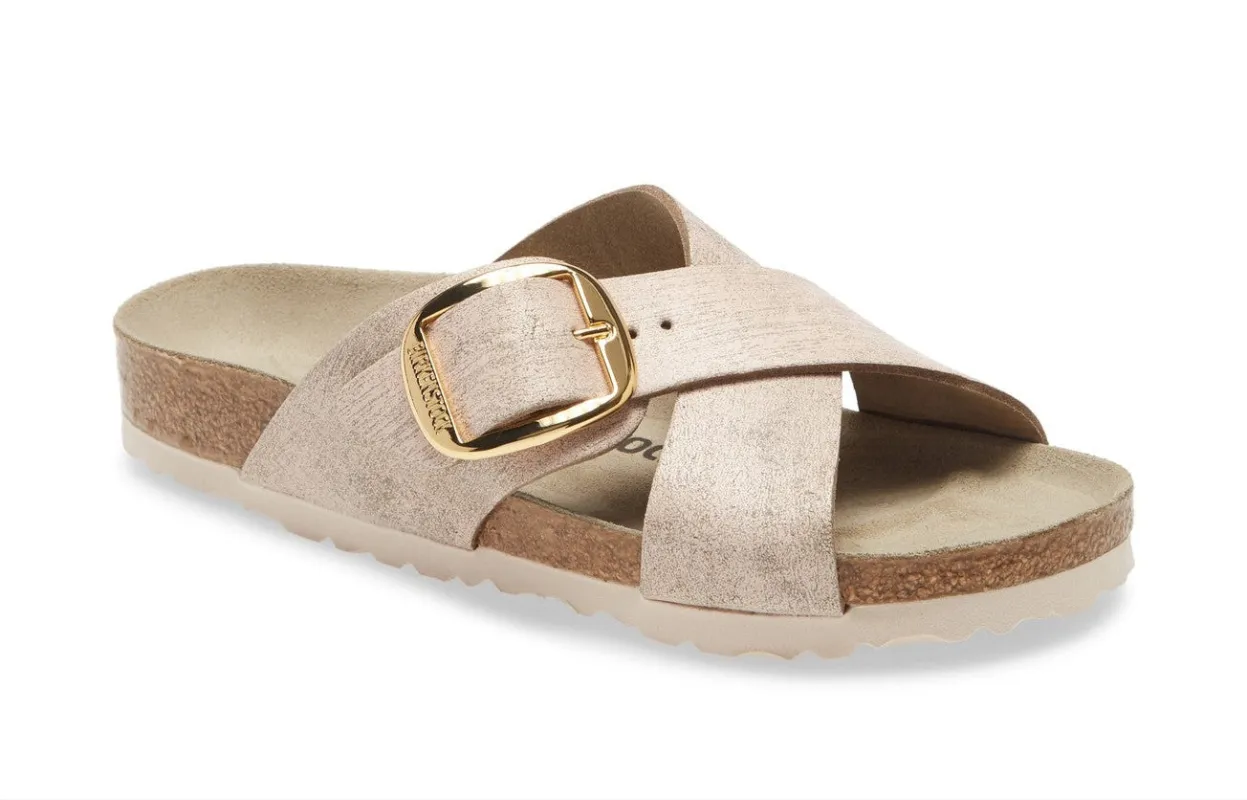 Birkenstock Siena Big Buckle Suede Leather Washed Metallic Rose Gold sold by Zulily