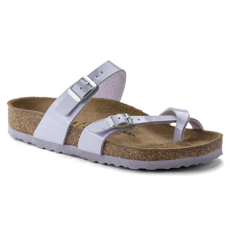 Birkenstock Mayari Birko-Flor Patent Purple Fog sold by Zulily
