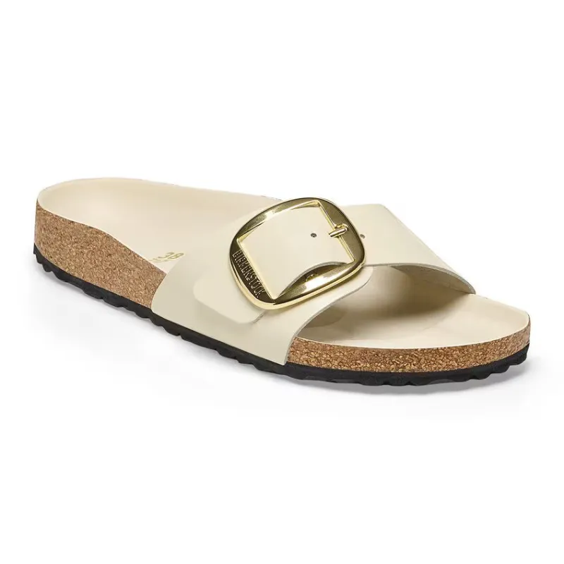 Birkenstock Madrid Big Buckle Natural Leather Patent High Shine Ecru sold by Zulily