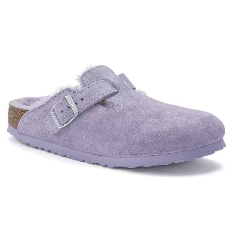 Birkenstock Boston Shearling Suede Leather Coated Purple Fog sold by Zulily