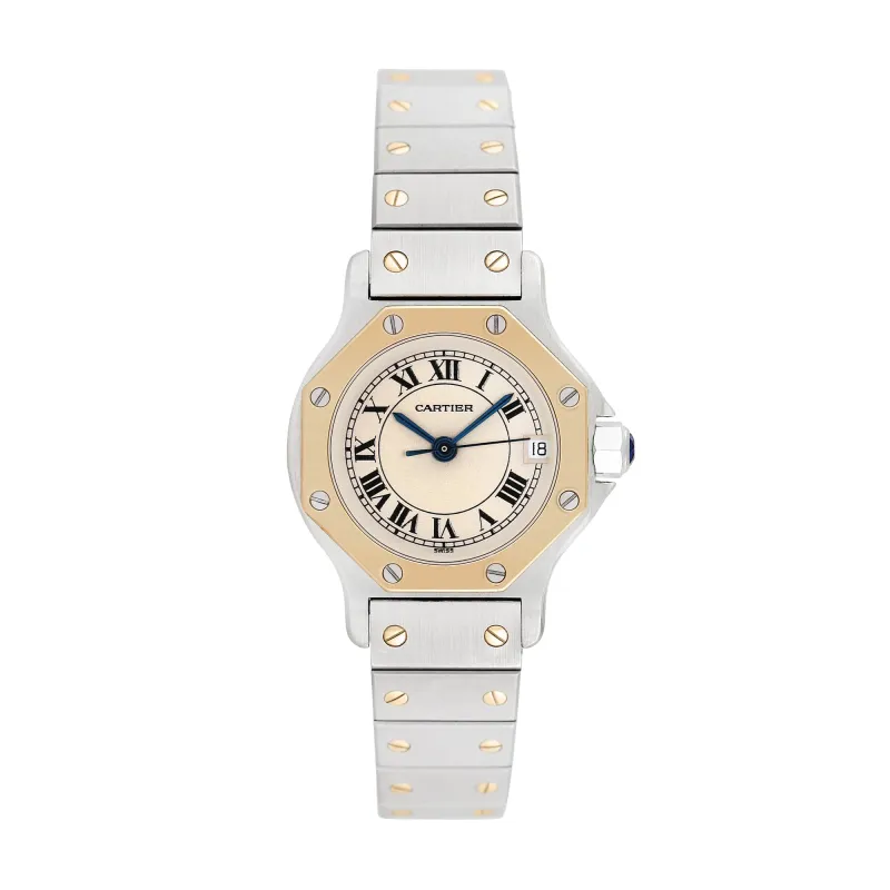 Pre-owned Cartier Women's Santos Octagon 25mm 18K Yellow Gold and Stainless Steel Wristwatch - 187903 sold by Zulily