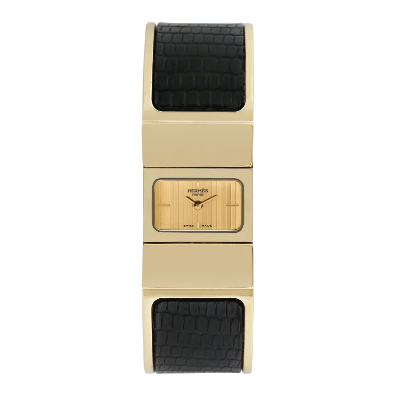 Pre-owned Hermes Women's Loquet Bangle  30mm X 20mm Gold Plated Stainless Steel and leather Wristwatch - L01.201 sold by Zulily