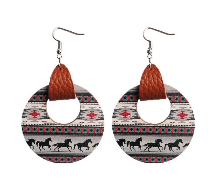 Running Horses - Faux Leather Strap & Patterned Circular Drop Earrings sold by Zulily