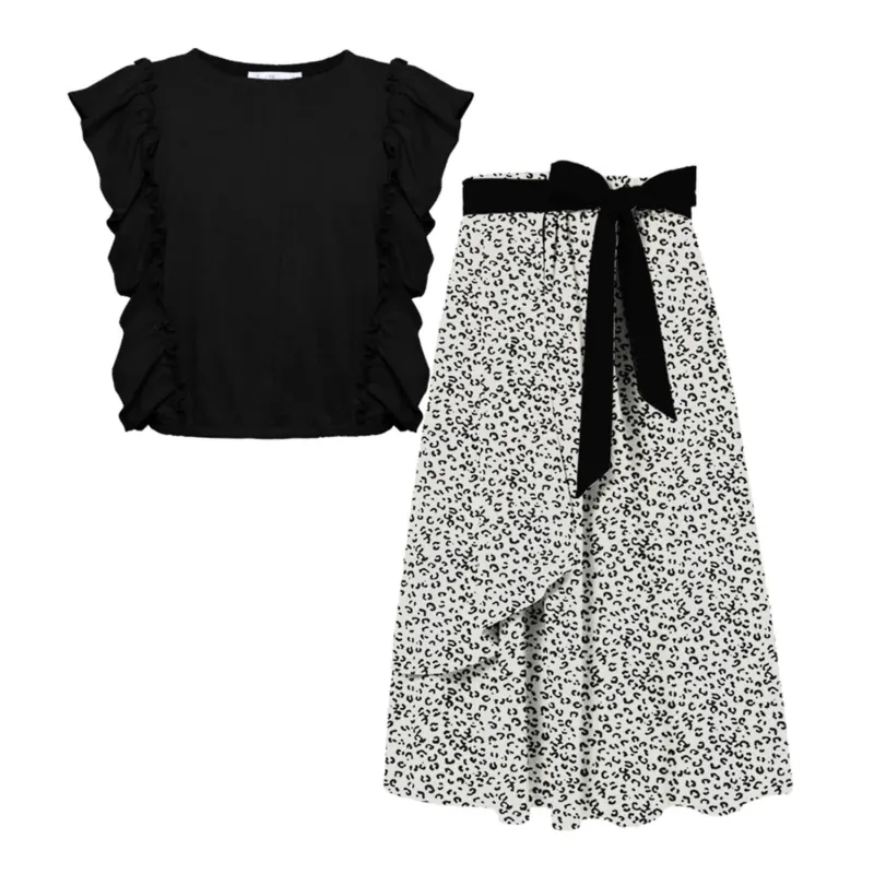 Black Ruffle-Accent Sleeveless Top & Leopard Print Maxi Skirt sold by Zulily