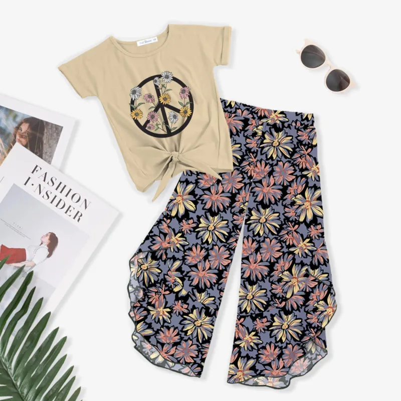 Cream Floral Peace Knot-Front Top & Floral Print Wide-Leg Pants sold by Zulily