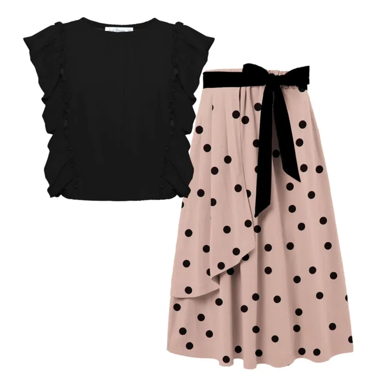 Black Ruffle-Accent Sleeveless Top & Pink Polka Dot Print Maxi Skirt sold by Zulily
