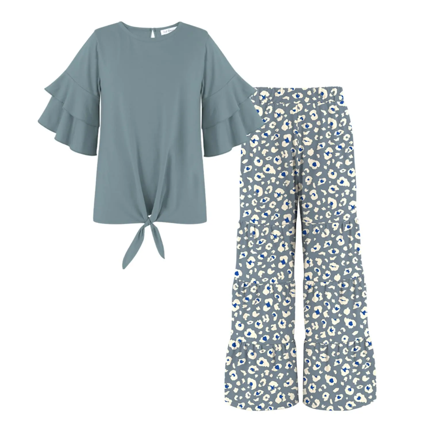 Dusty Blue Knot-Hem Top & Leopard Print Tiered Pants sold by Zulily