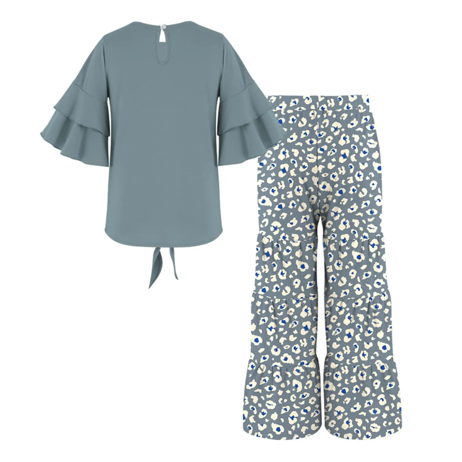 Dusty Blue Knot-Hem Top & Leopard Print Tiered Pants sold by Zulily product image thumbnail 2