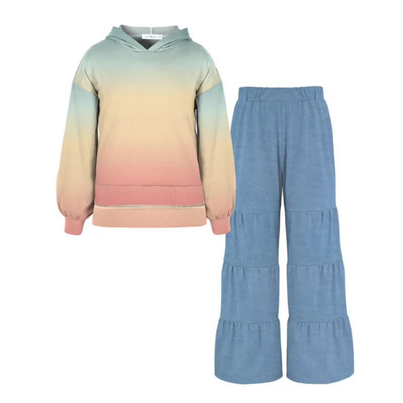 Peach Pink & Light Turquoise Ombre Print Hooded Top & Light Blue Chambray Tiered Pants sold by Zulily